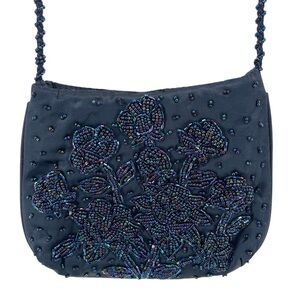 La Regale Vintage Navy Floral Beaded Evening Crossbody Bag Small Purse